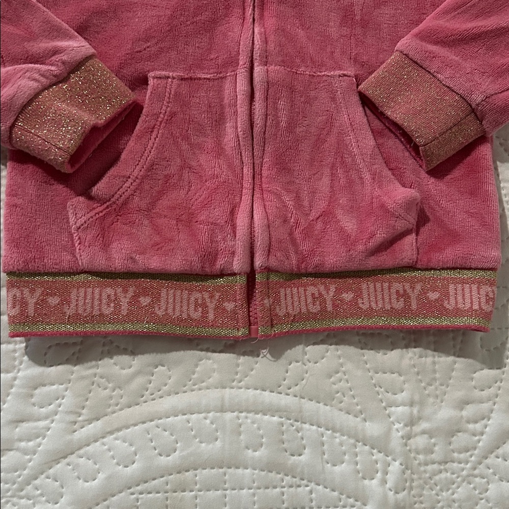 Juicy Couture Girls' Rose Pink Velour Zip Hoodie with Sparkle Trim - Picture 5 of 6